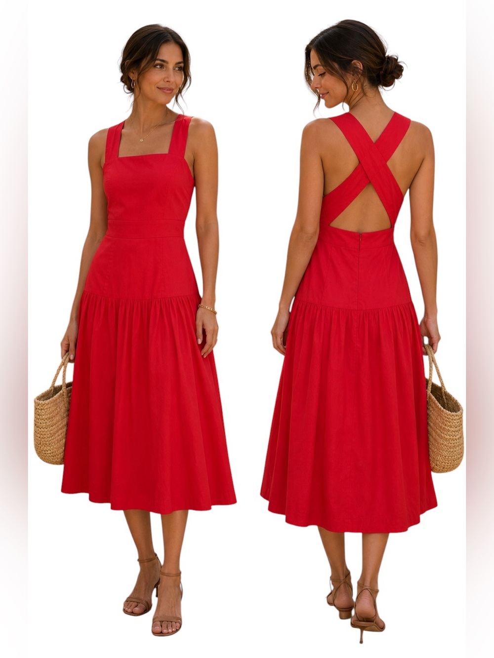 Sea New York Red Midi Dress Cotton Fit Flare Drop Waist Size 8
